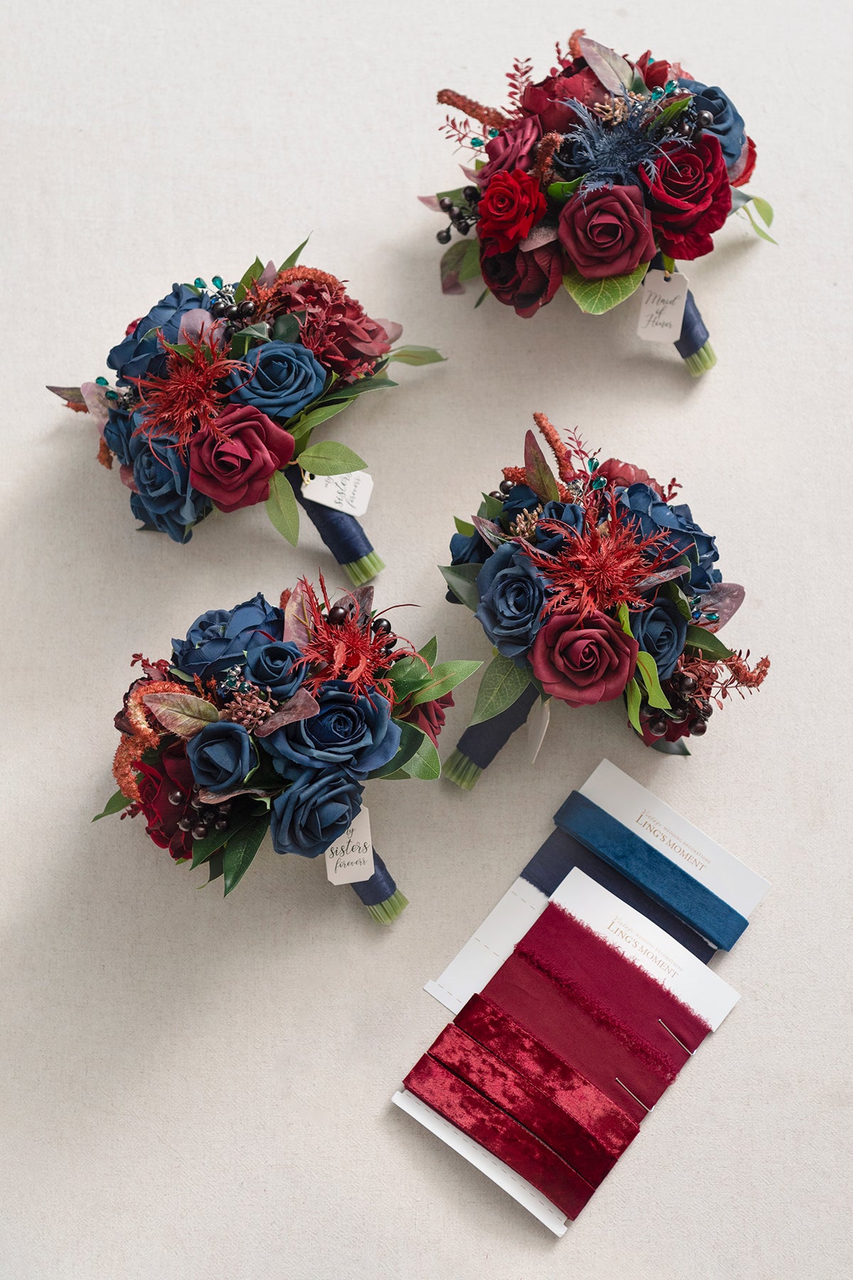 Maid of Honor & Bridesmaid Bouquets in Burgundy & Navy