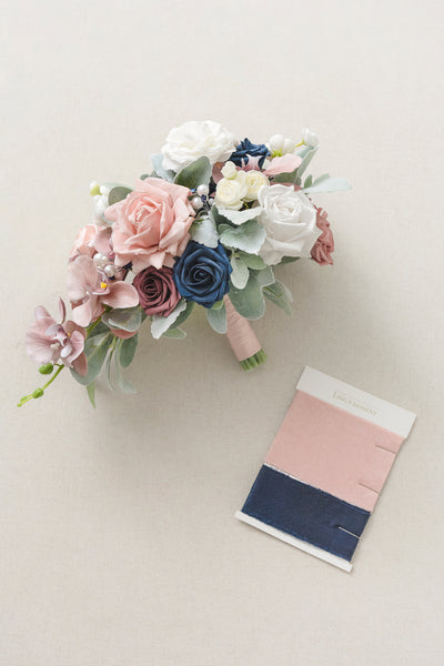 Small Cascade Bridal Bouquet in Dusty Rose & Navy