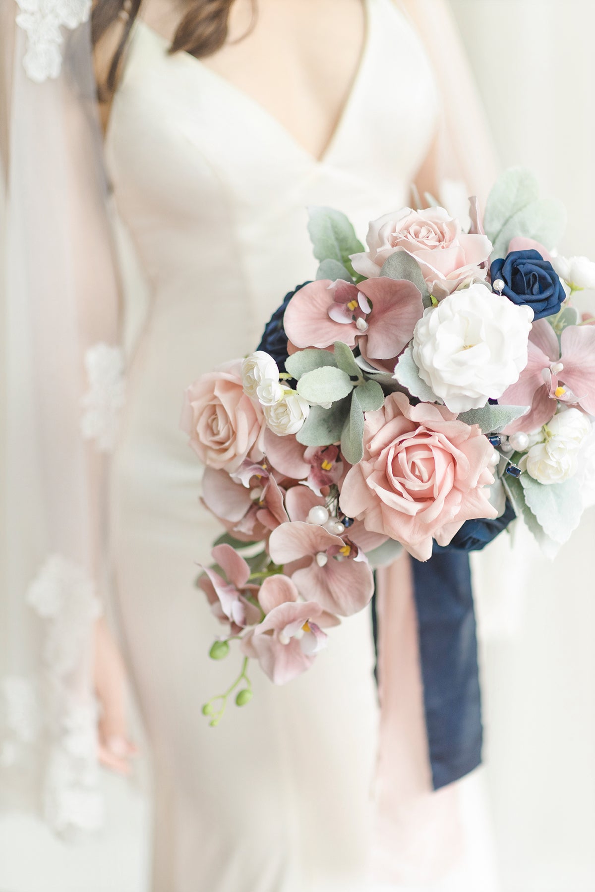 Small Cascade Bridal Bouquet in Dusty Rose & Navy