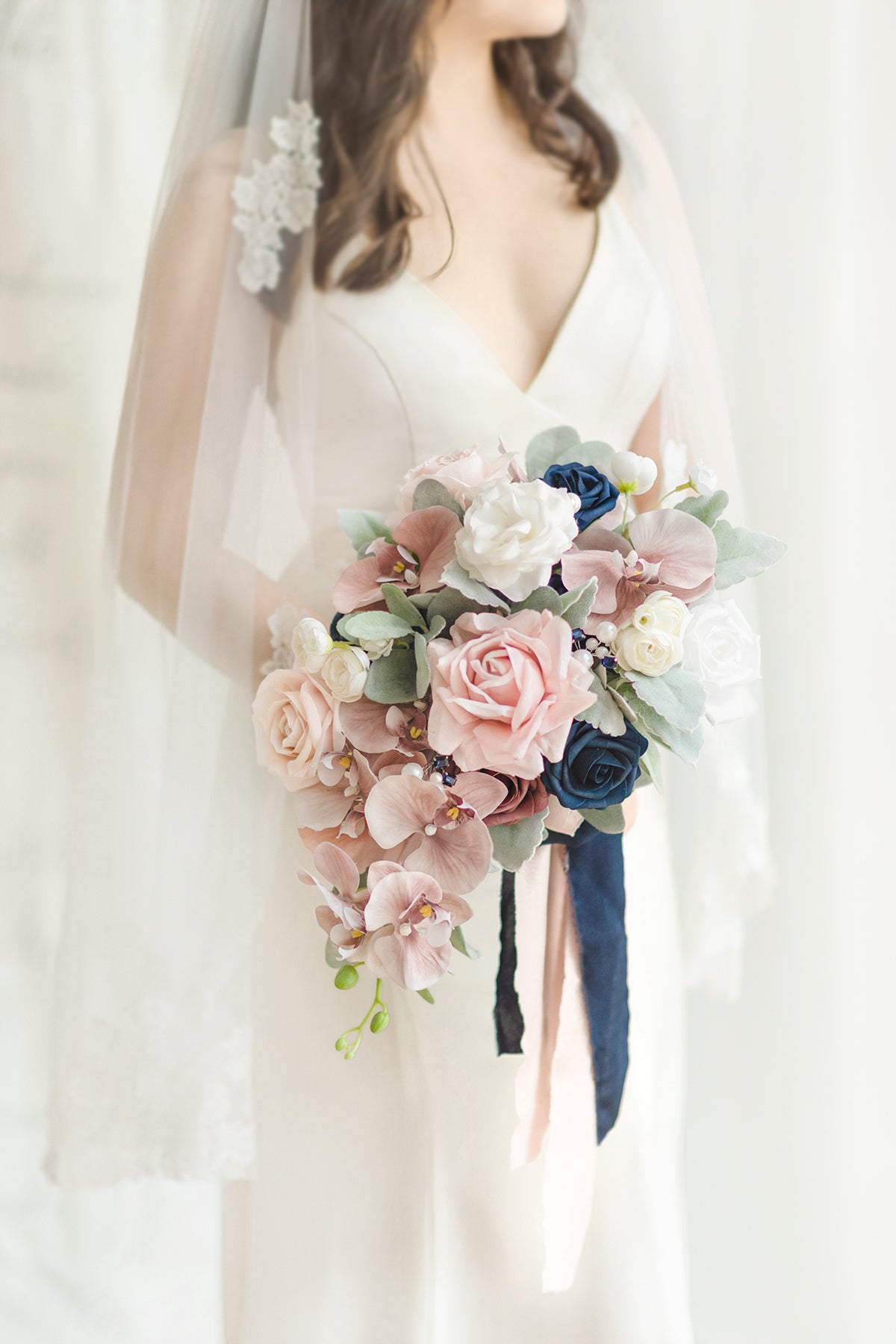 Small Cascade Bridal Bouquet in Dusty Rose & Navy