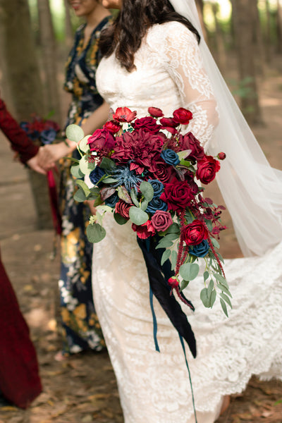 Medium Cascade Bridal Bouquet in Burgundy & Navy