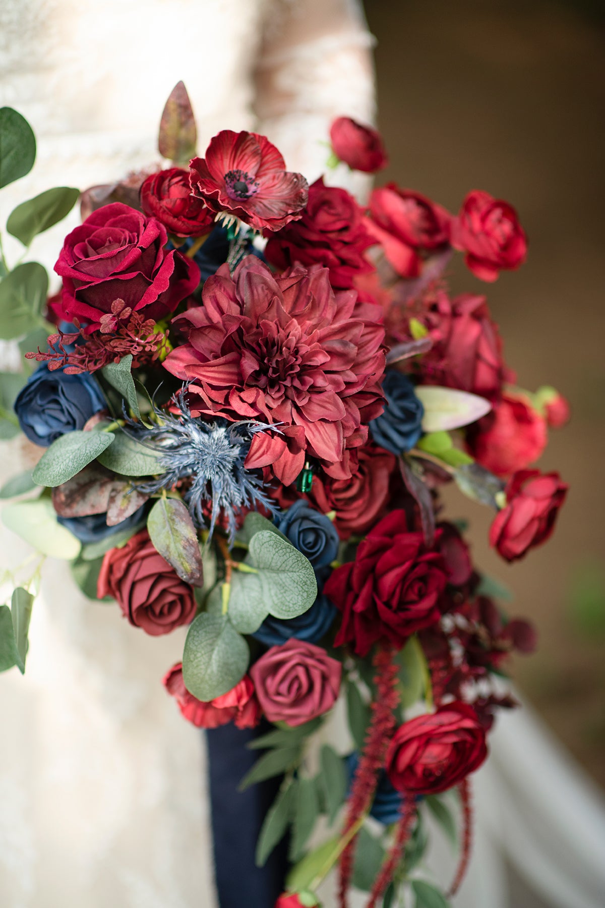 Medium Cascade Bridal Bouquet in Burgundy & Navy