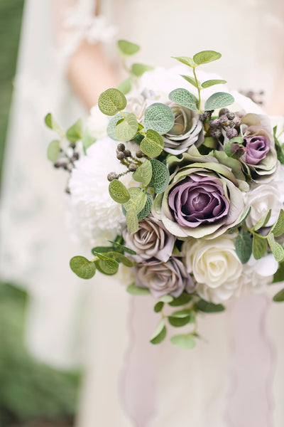 Small Round Bridal Bouquet in White & Purple | Clearance