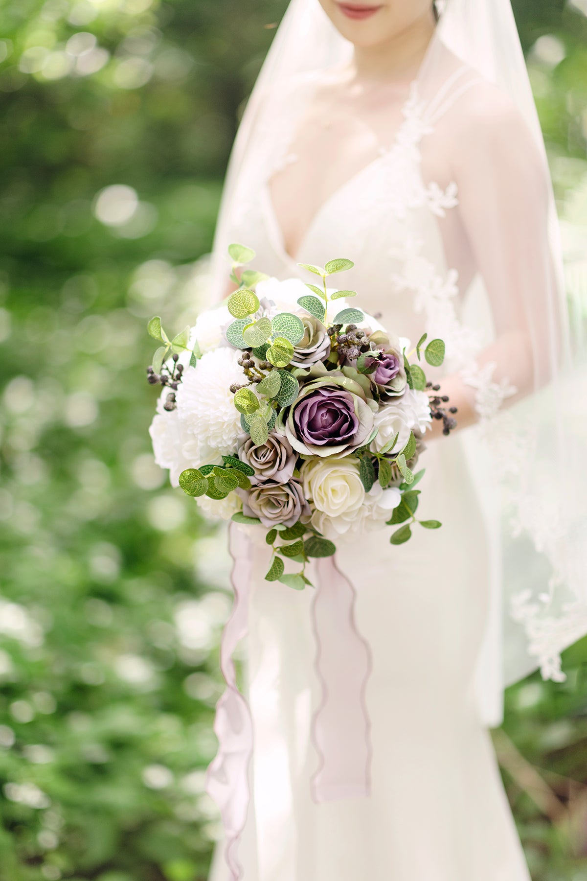 Small Round Bridal Bouquet in White & Purple | Clearance