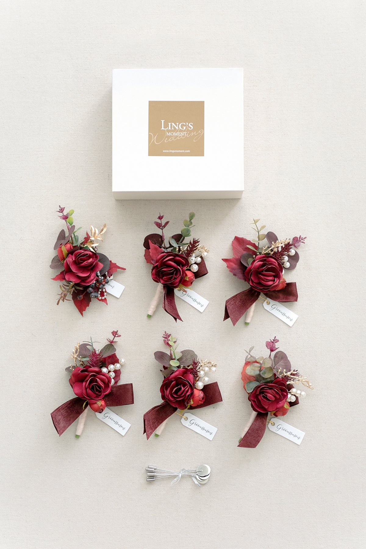 Boutonnieres in Burgundy & Dusty Rose