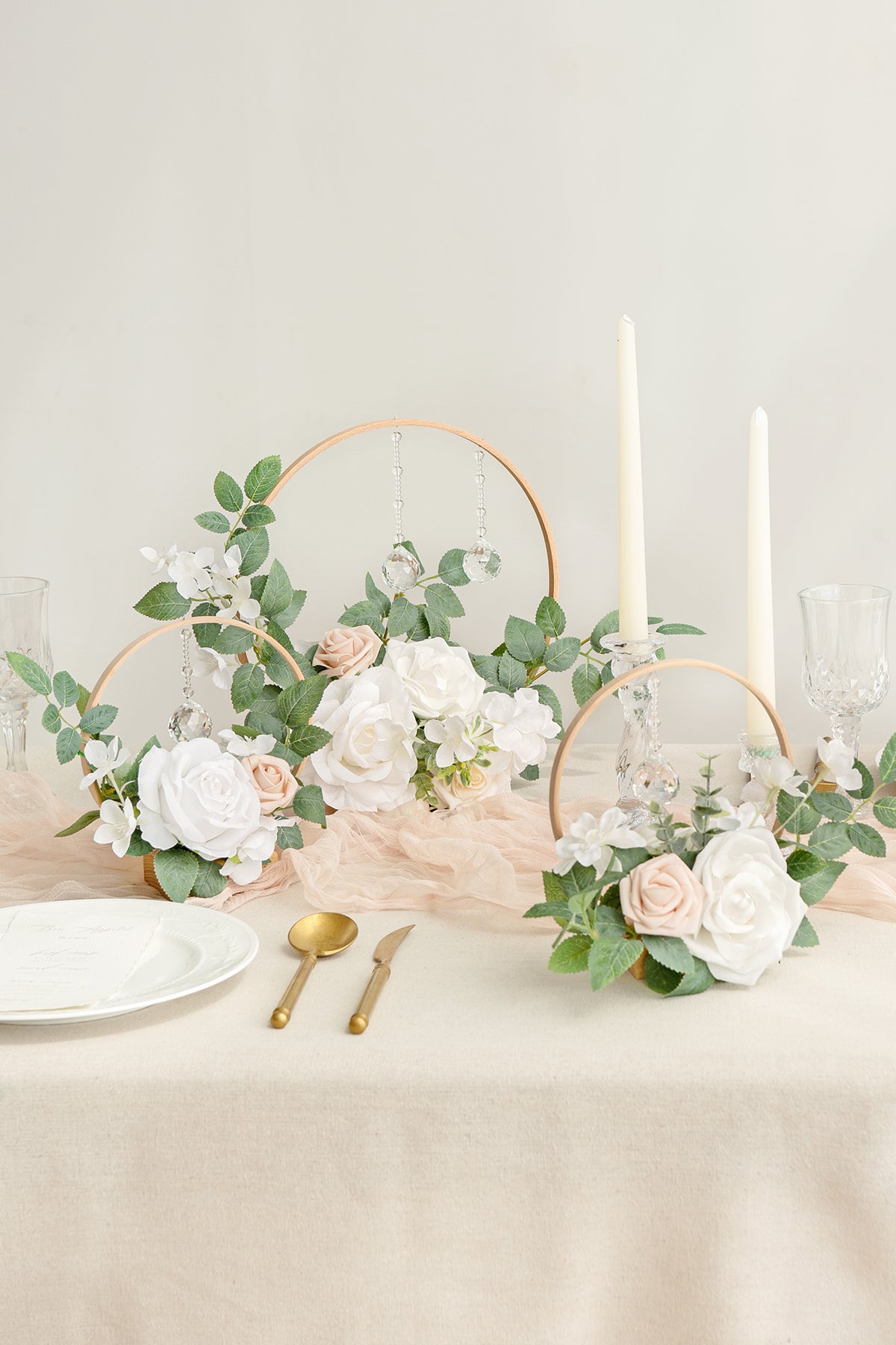 Wreath Hoop Centerpiece Set in White & Sage