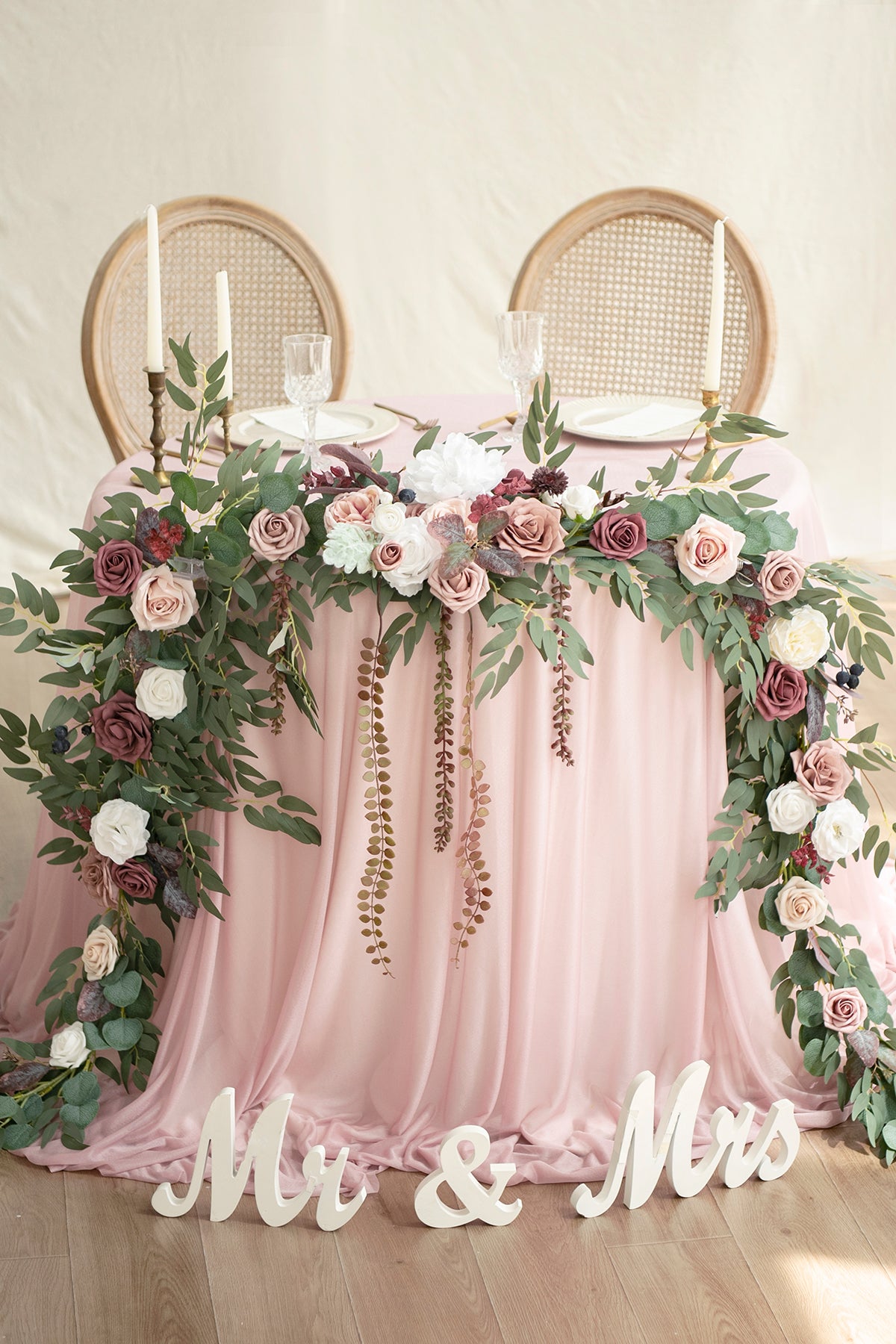 9ft Head Table Flower Garland in Dusty Rose & Mauve