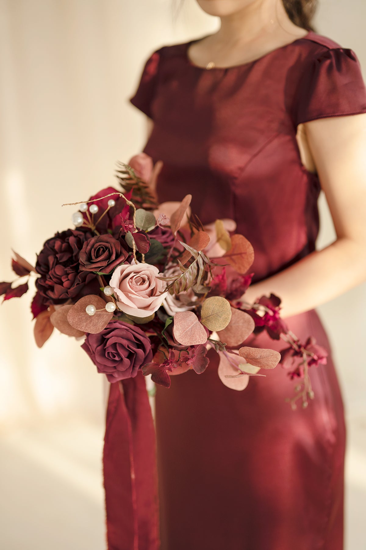 Free-Form Bridesmaid Bouquets in Burgundy & Dusty Rose | Clearance
