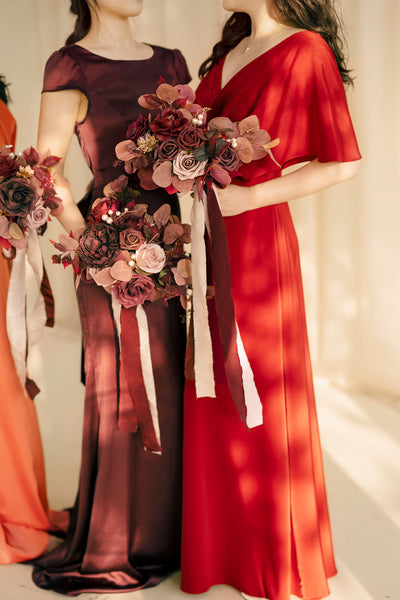 Free-Form Bridesmaid Bouquets in Burgundy & Dusty Rose | Clearance