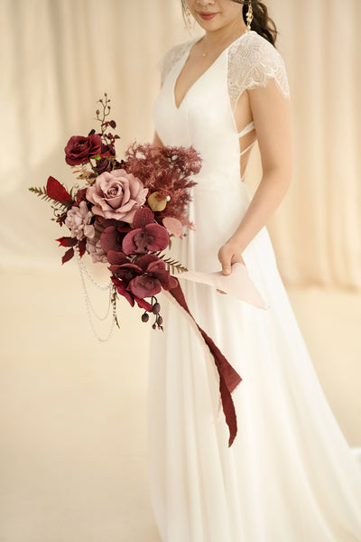 Small Cascade Bridal Bouquet in Burgundy & Dusty Rose