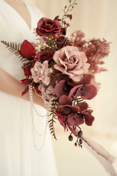 Small Cascade Bridal Bouquet in Burgundy & Dusty Rose
