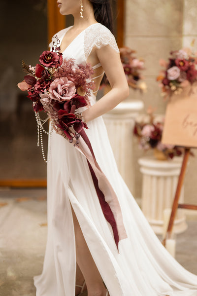 Small Cascade Bridal Bouquet in Burgundy & Dusty Rose
