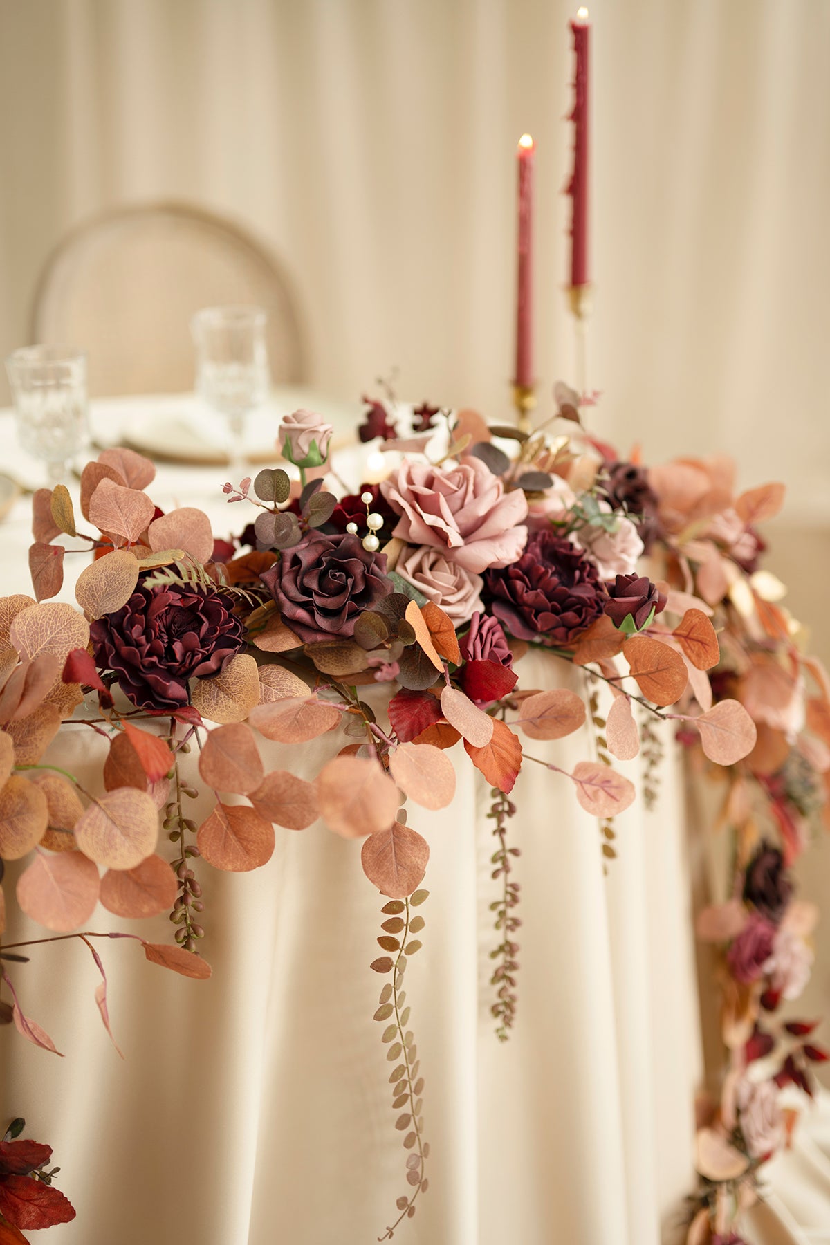9ft Head Table Flower Garland in Burgundy & Dusty Rose | Clearance