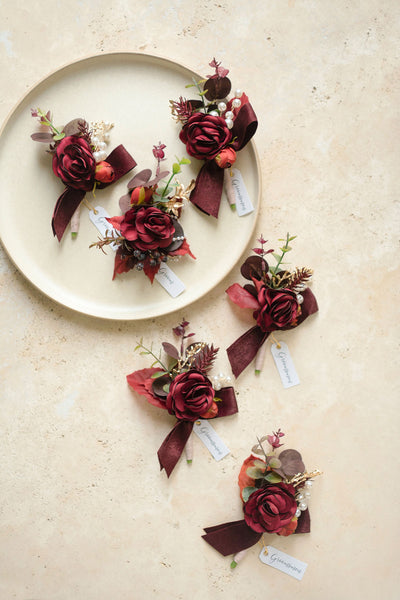 Boutonnieres in Burgundy & Dusty Rose