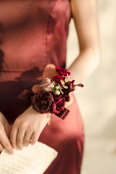 Wrist Corsages in Burgundy & Dusty Rose | Clearance