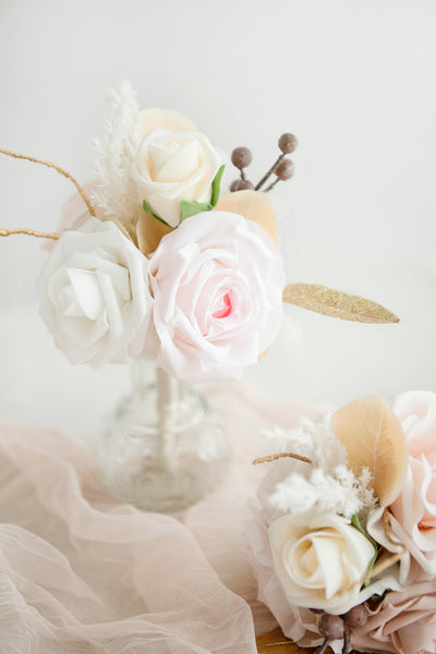 Mini Premade Flower Centerpiece Set in White & Beige
