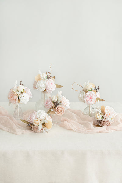 Mini Premade Flower Centerpiece Set in White & Beige