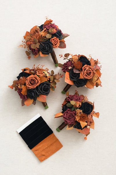 Round Bridesmaid Bouquets in Black & Pumpkin Orange
