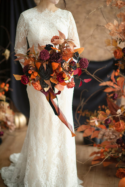 Medium Free-Form Bridal Bouquet in Black & Pumpkin Orange