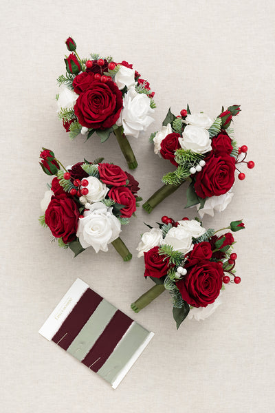 Round Bridesmaid Bouquets in Christmas Red & Sparkle