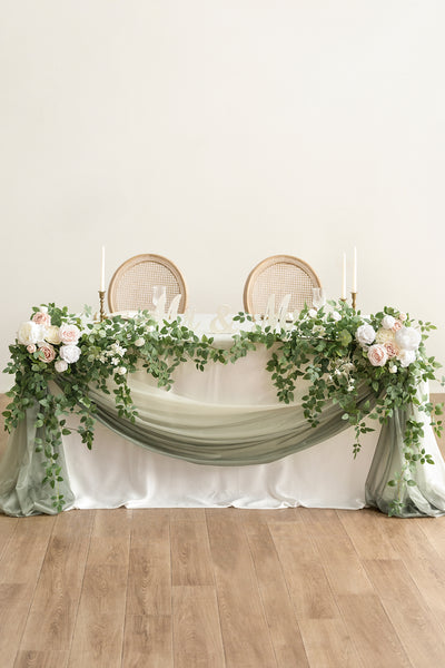 Large Floral Swag Set for Rectangle Head Table in White & Sage