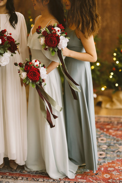 Round Bridesmaid Bouquets in Christmas Red & Sparkle