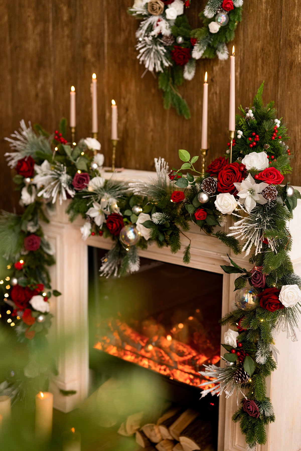 6ft Flower Garland in Christmas Red & Sparkle