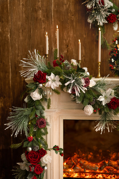 6ft Flower Garland in Christmas Red & Sparkle