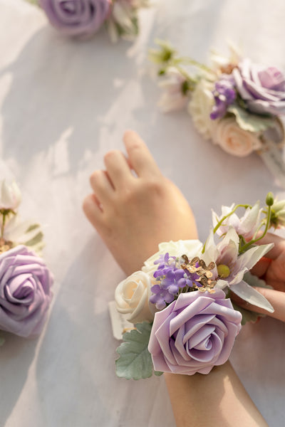 Wrist Corsages in Lilac & Gold