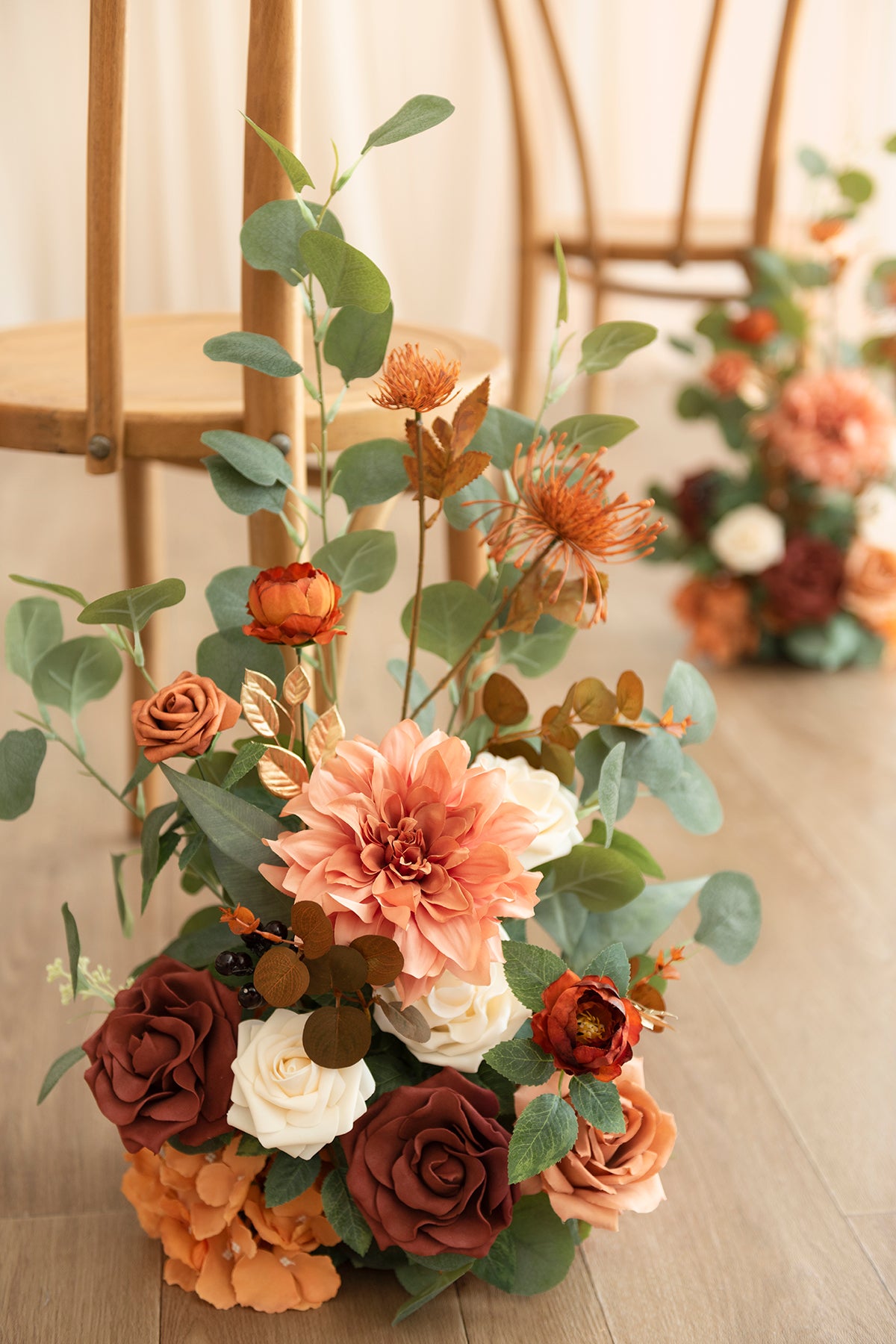 Wedding Aisle Runner Flower Arrangement in Sunset Terracotta
