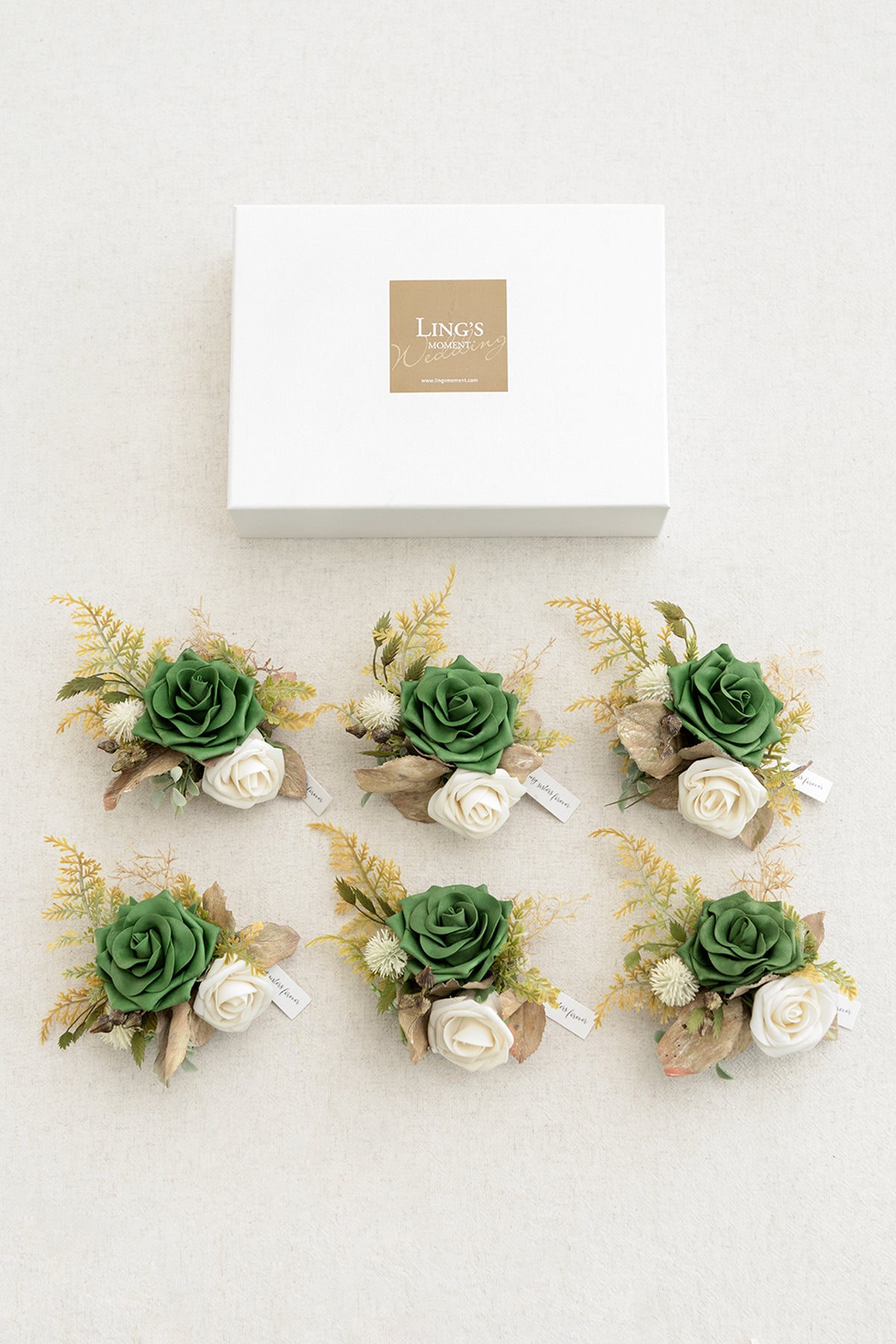 Wrist Corsages in Emerald & Tawny Beige