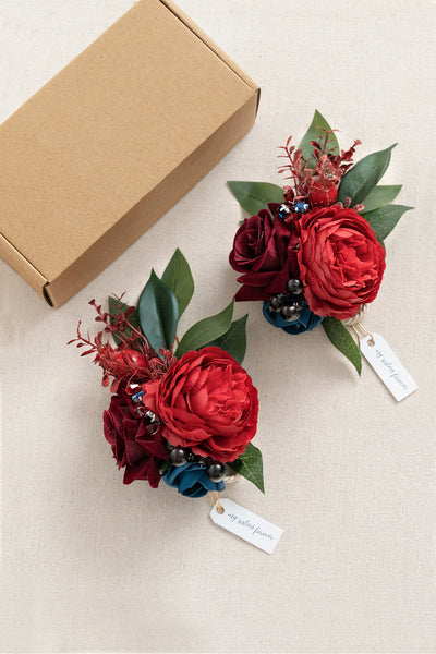 Wrist Corsages in Burgundy & Navy