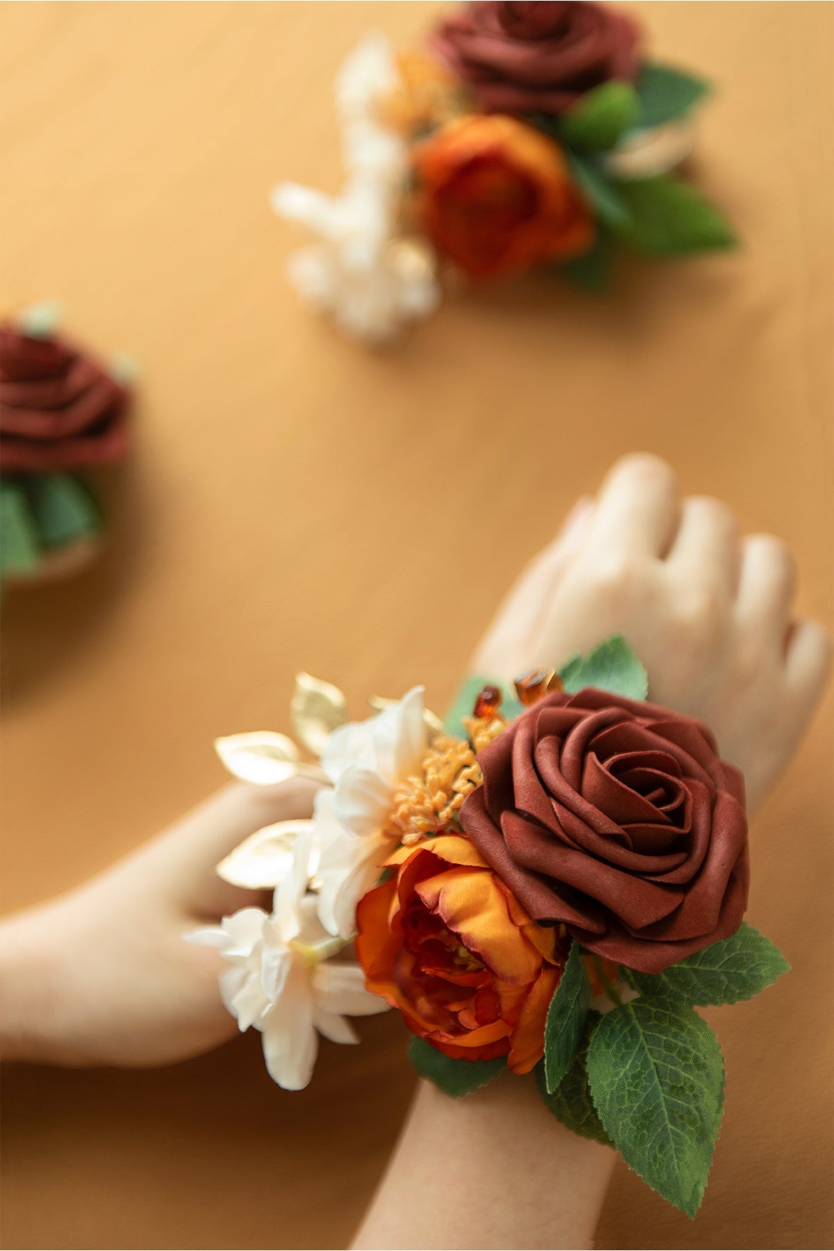 Wrist Corsages in Burnt Orange