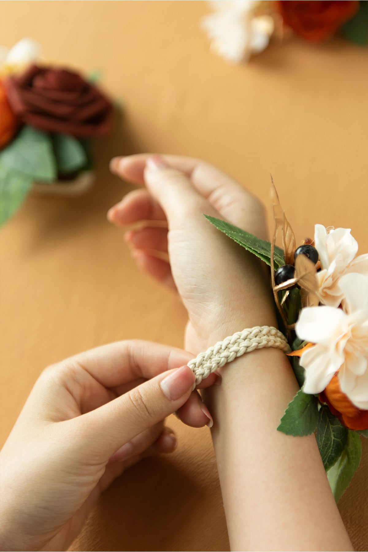 Wrist Corsages in Burnt Orange