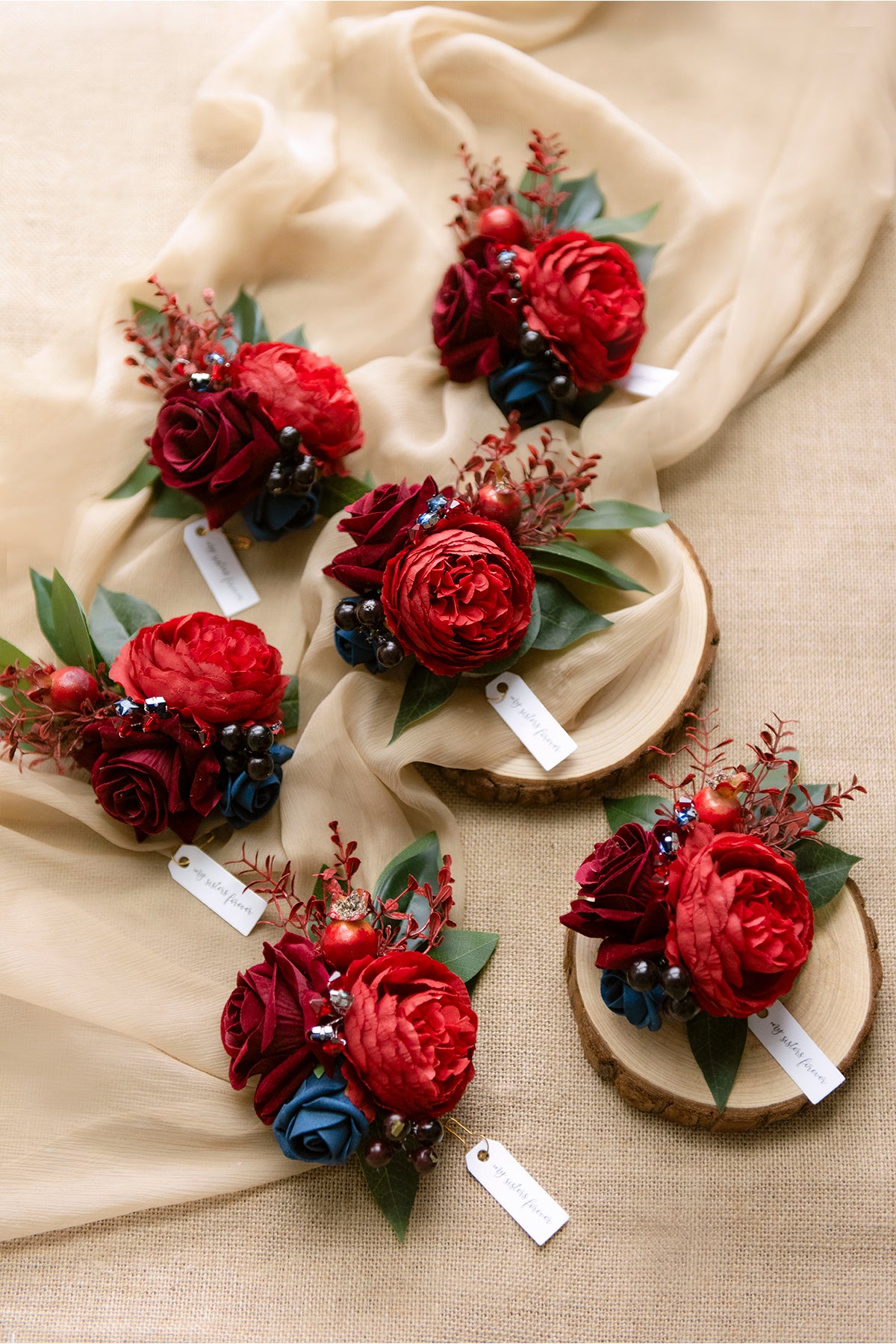 Wrist Corsages in Burgundy & Navy