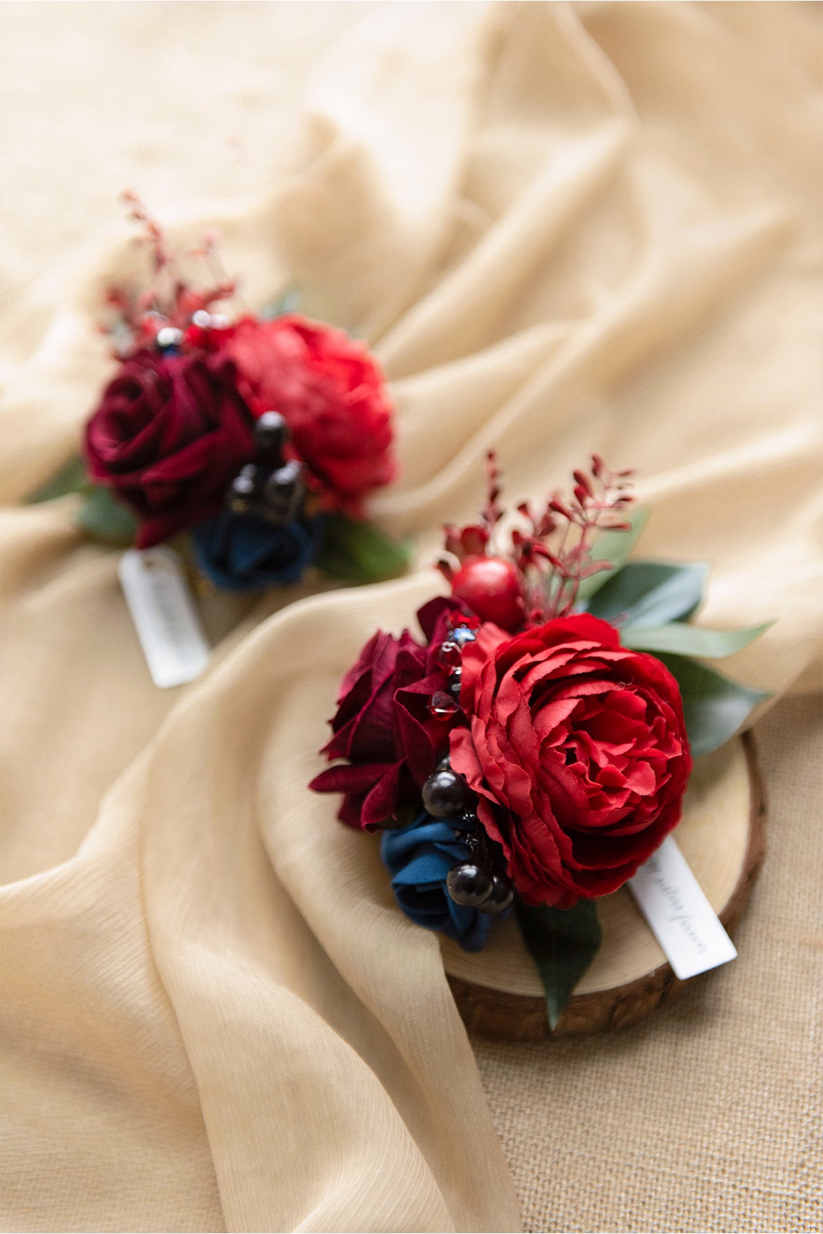 Wrist Corsages in Burgundy & Navy