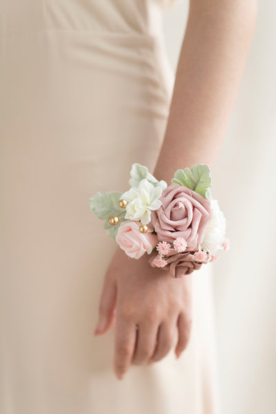 Wrist Corsages in Dusty Rose & Cream