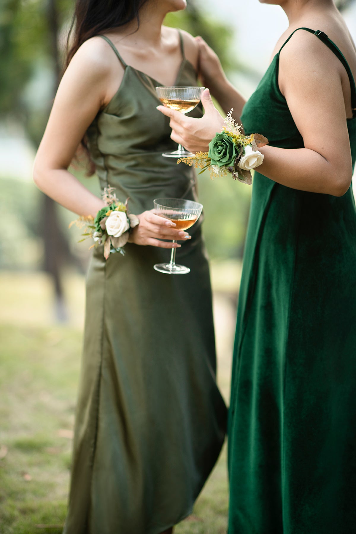 Wrist Corsages in Emerald & Tawny Beige