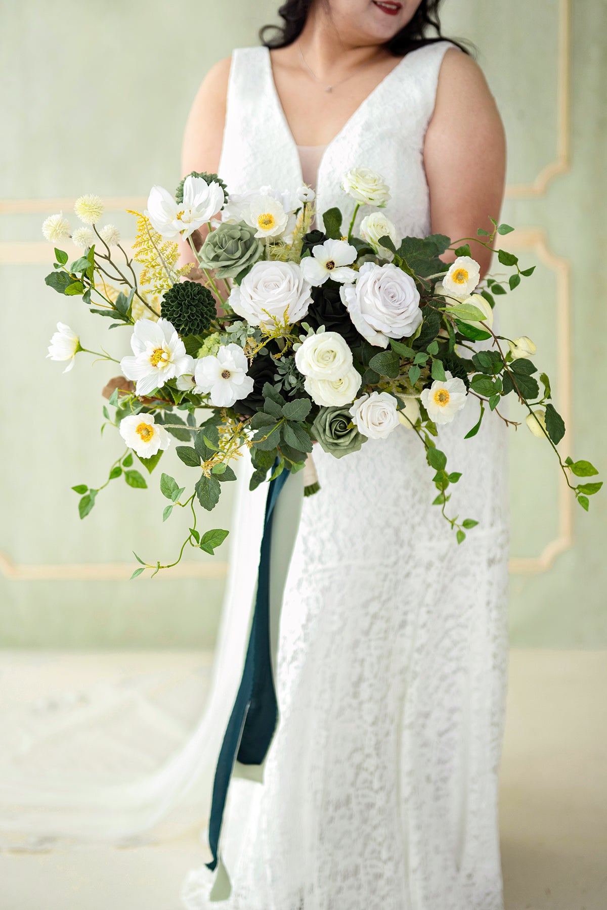Large Free-Form Bridal Bouquet in Emerald & Tawny Beige | Clearance