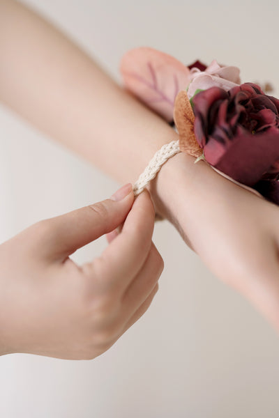 Wrist Corsages in Burgundy & Dusty Rose