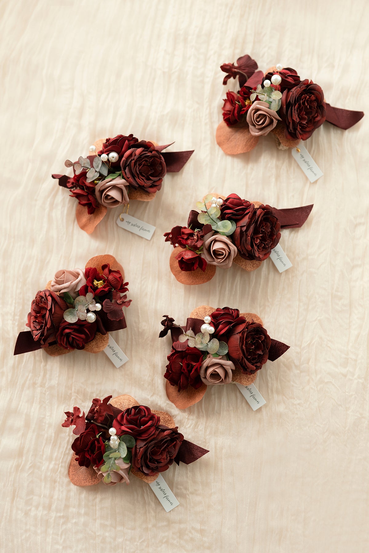 Wrist Corsages in Burgundy & Dusty Rose