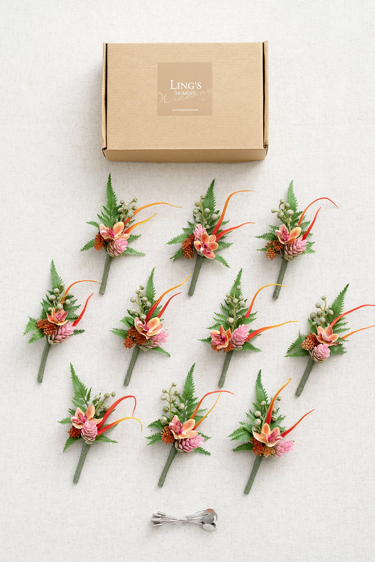 Boutonnieres for Guests in Tropical Citrus & Pink