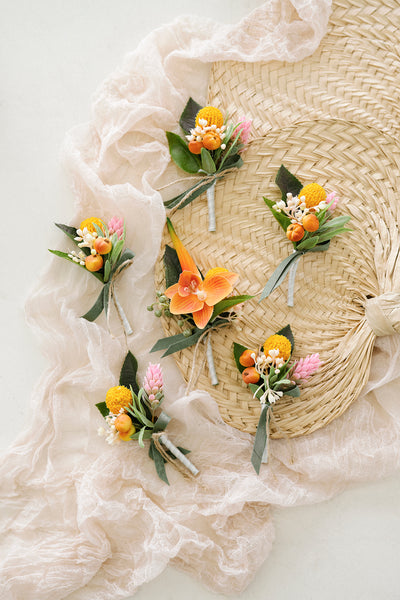 Boutonnieres in Tropical Citrus & Pink | Clearance