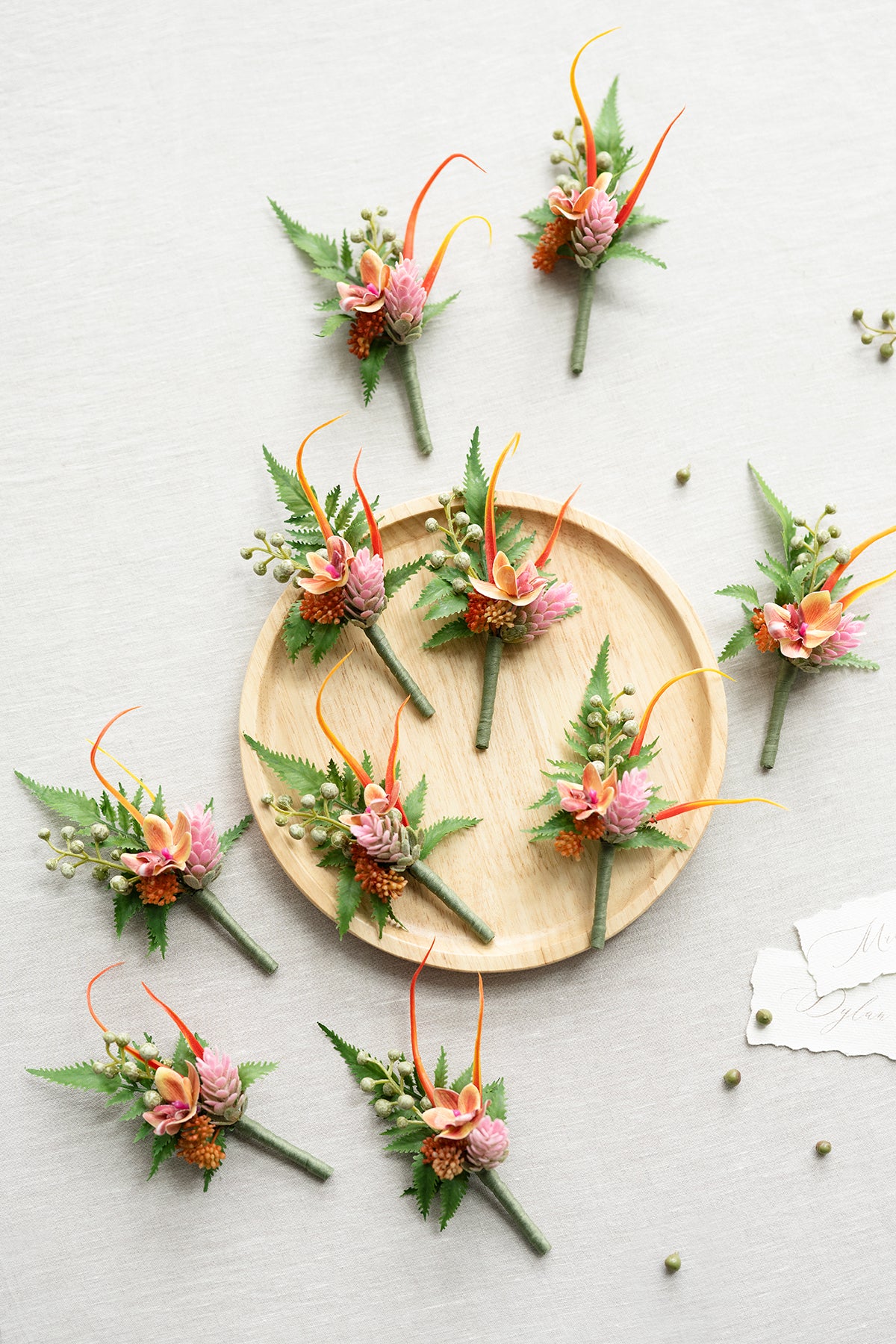 Boutonnieres for Guests in Tropical Citrus & Pink