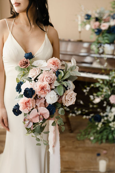 Medium Cascade Bridal Bouquet in Dusty Rose & Navy