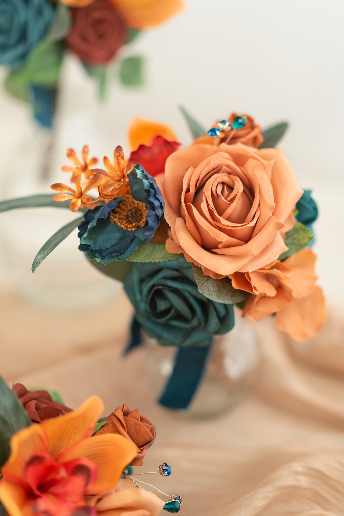 Mini Premade Flower Centerpiece Set in Dark Teal & Burnt Orange