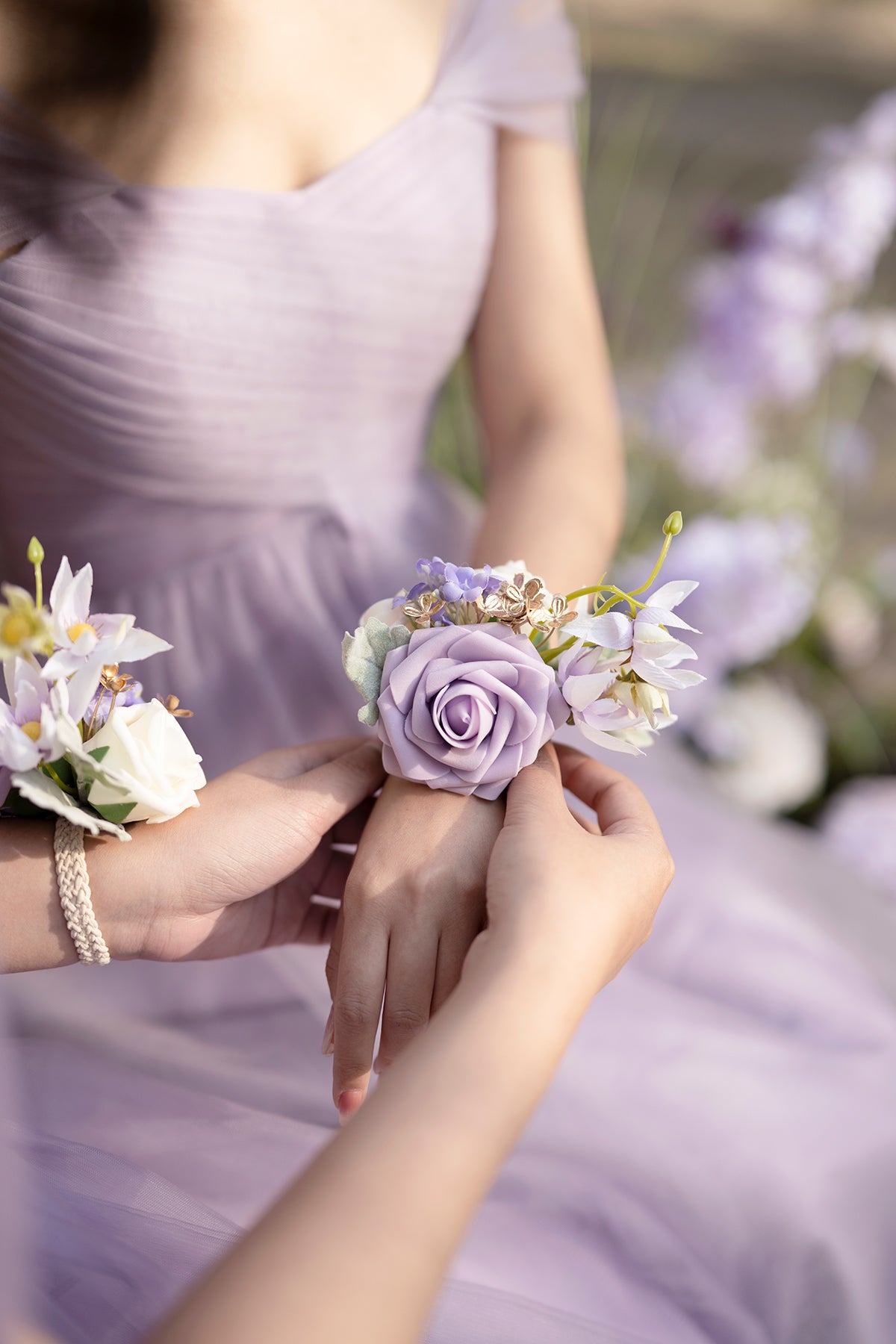 Wrist Corsages in Lilac & Gold