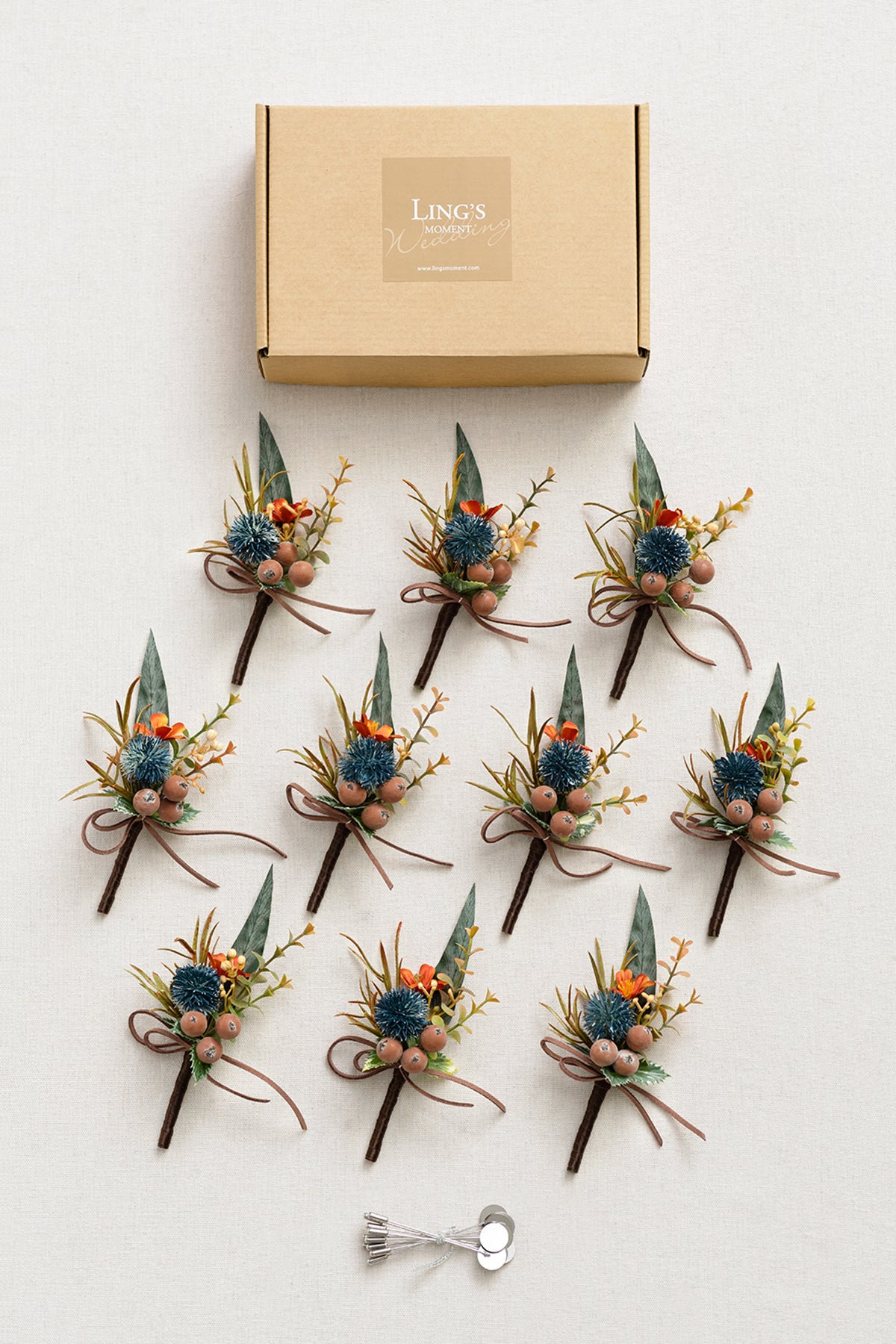 Boutonnieres for Guests in Dark Teal & Burnt Orange