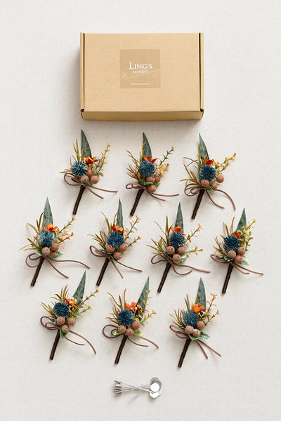 Boutonnieres for Guests in Dark Teal & Burnt Orange