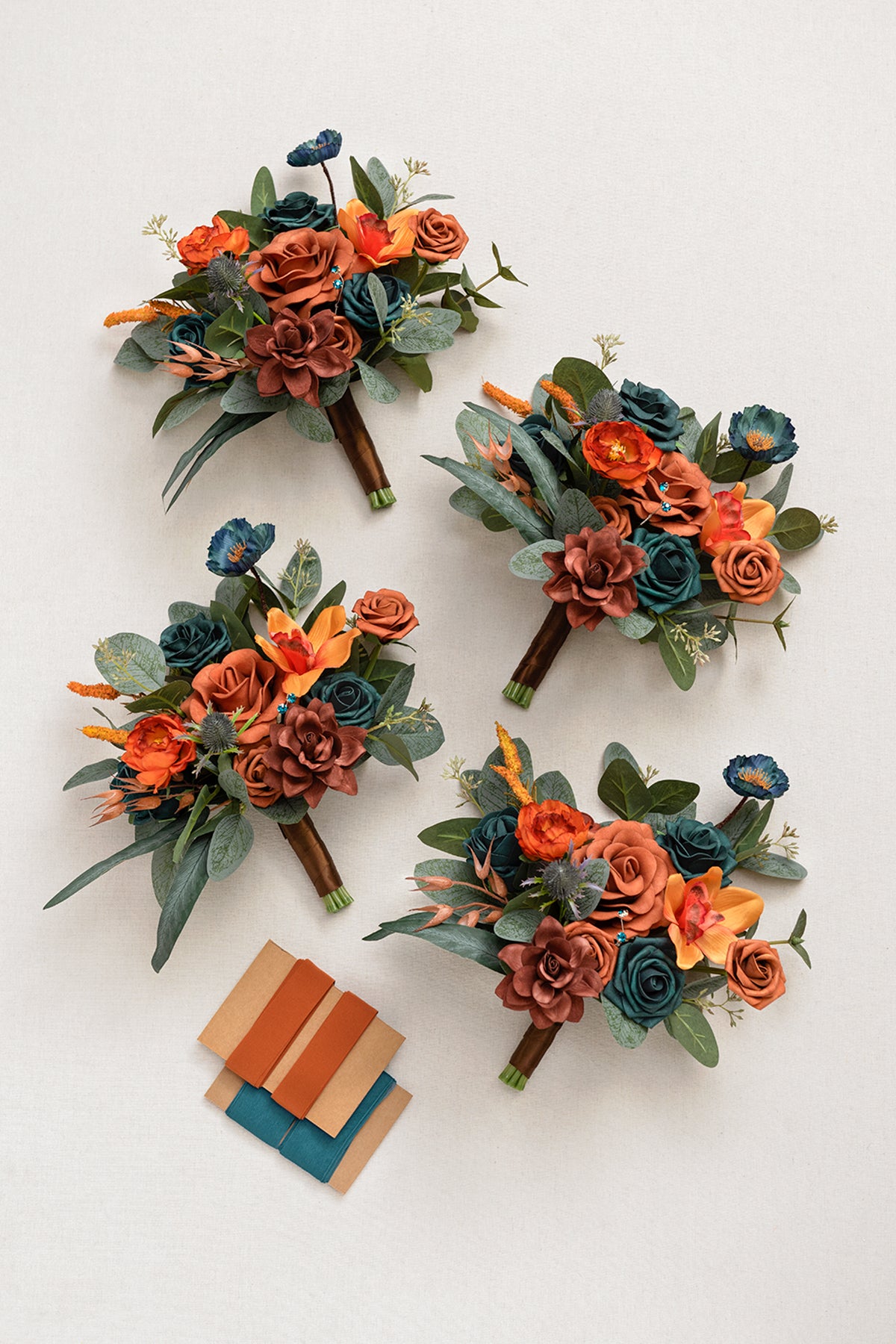 Free-Form Bridesmaid Bouquets in Dark Teal & Burnt Orange